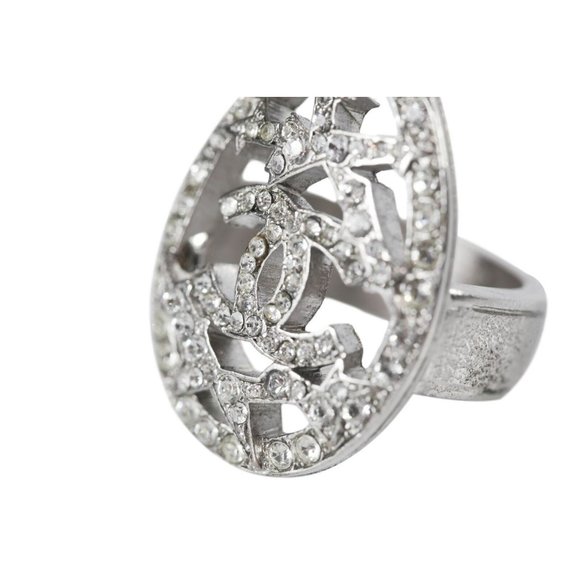 CHANEL Oval Statement Silver Cocktail Crystal Comete Star Pendant 07A Ring Sz6 - Picture 6 of 7